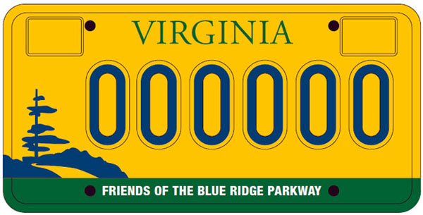 The proposed Virginia license plate to support the Blue Ridge Parkway will carry the same design as the successful, six-year-old North Carolina parkway tag.