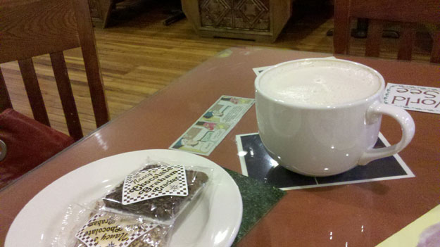 Two vices: cafe au lait and chocolate at Cups Coffee and Tea, in Roanoke.