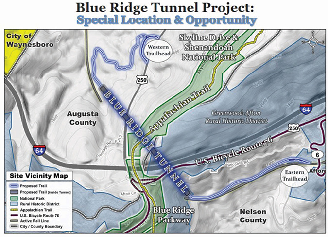 The Claudius Crozet Blue Ridge Tunnel restoration project provides a 2 ½-mile hike from the eastern trailhead in Nelson County, through the 4,237-foot tunnel, to the end of the western trail in Augusta County.