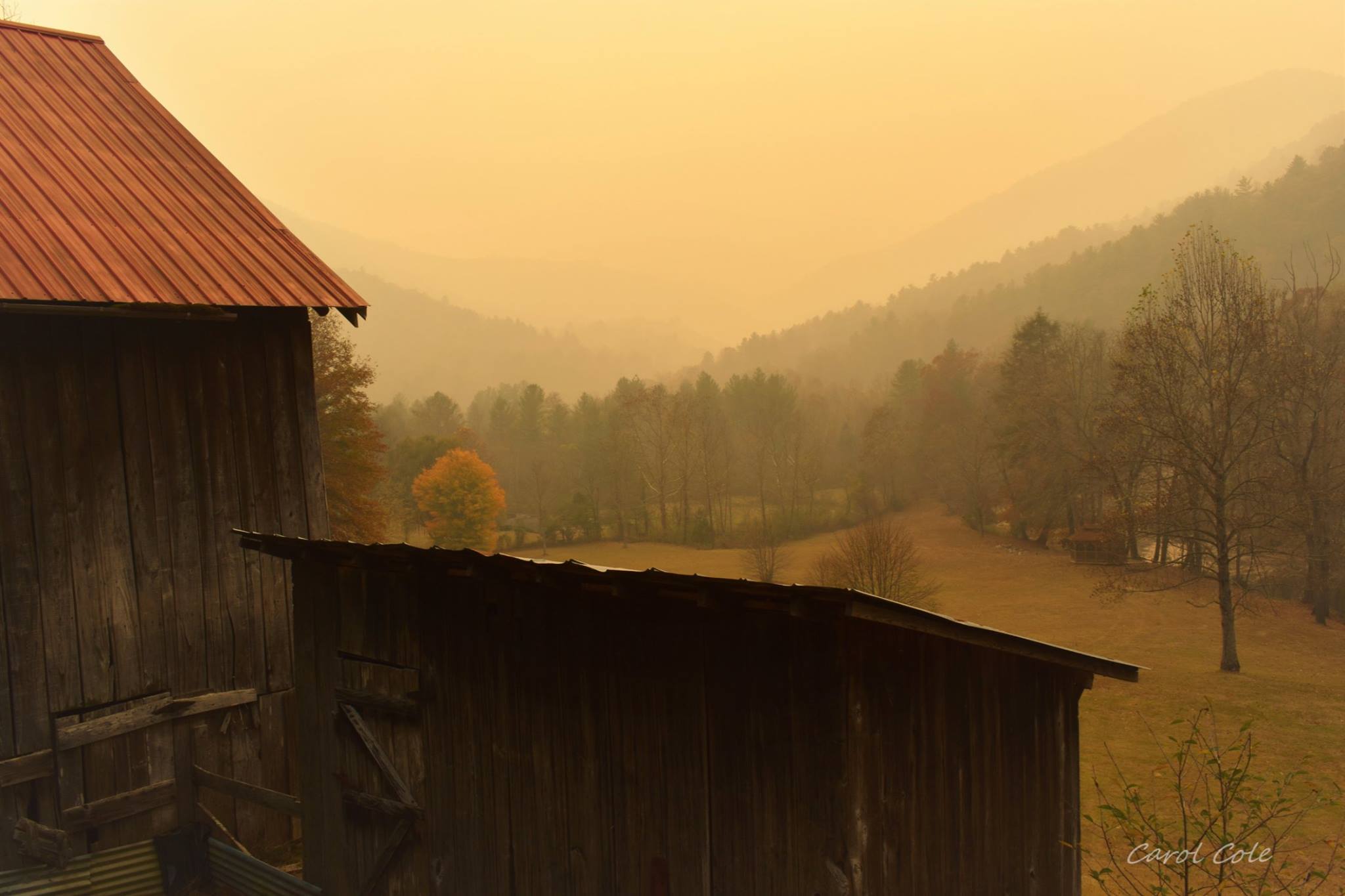 Pulled on the bank of the road to capture my favorite barn and the barely visible surrounding mountains in the Chattahoochee National Forest getting drenched with smoke from the wild fires - 11-6-2016.