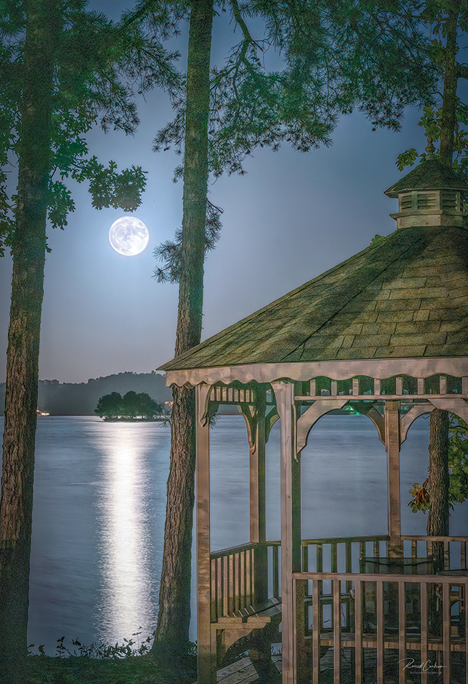 This moonrise shot was taken in the Lake Keowee community of Keowee Key, South Carolina, home of photographer Russ Carlson The clear waters of the lake are fed from the streams and creeks running down from the Blue Ridge Mountains. The lake offers swimming, boating and bass fishing.