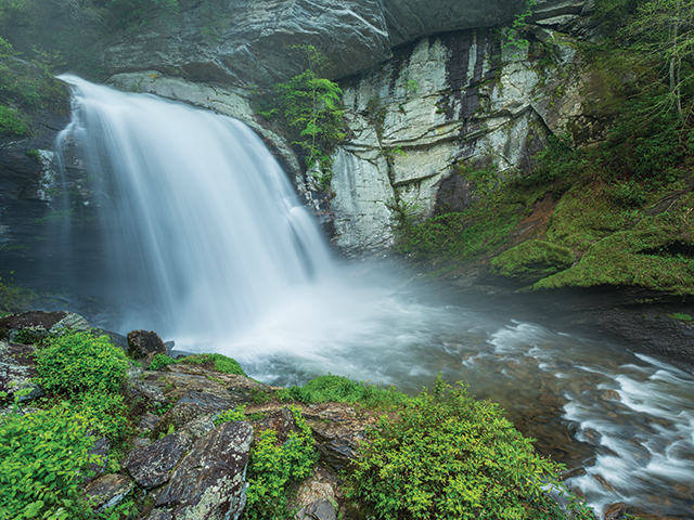 Looking Glass Falls is right beside U.S. 276, about 5 miles north of Brevard in Pisgah National Forest.