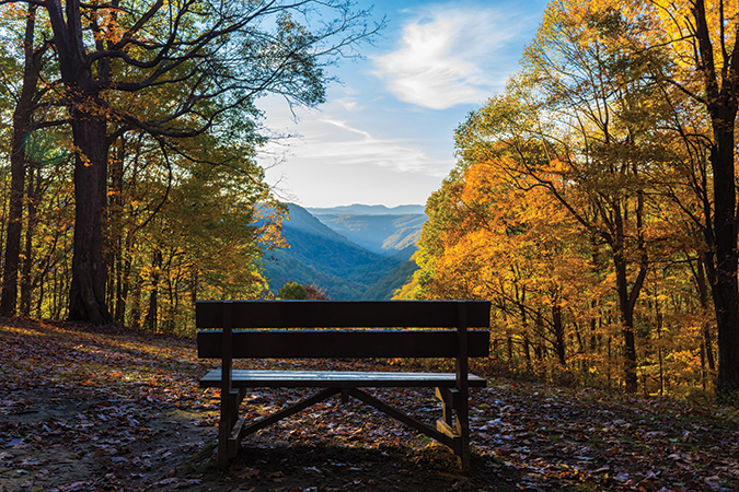 One of two benches overlooking Babcock State Park in West Virginia. From the photographer: “This spot is far removed from the crowds that visit the popular gristmill in the park. This is one of the most peaceful developed locations I have ever photographed; captured in late October.”