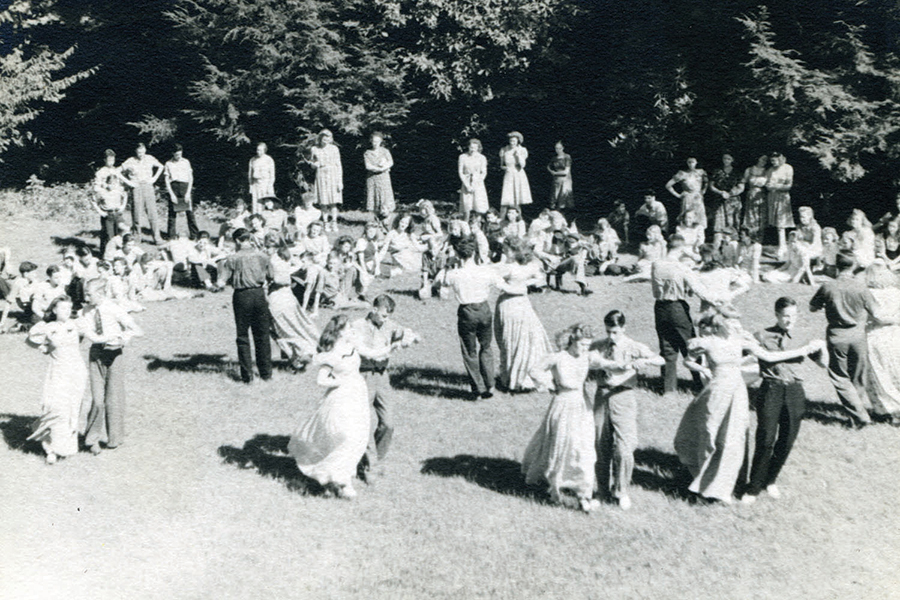 Dancers celebrate May Day, c. 1940s, on the Dancing Green, an open amphitheater.