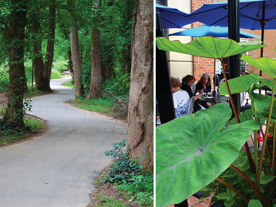 Left: The Rivanna Trail curls its way elegantly around and through Charlottesville. 

Right: The Downtown pedestrian mall offers a bounty of dining and shopping options.