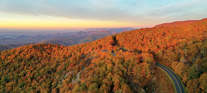 This sneak-peek ahead to the parkway’s most colorful season was taken near Milepost 9 in Virginia. From the photographer: “This was one of my (drone) test shots while my engagement-session photo subjects were getting their dogs out of the car and climbing some rocks to get in position.”