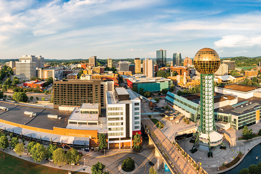 Knoxville, Tennessee’s skyline is highlighted by the Sunsphere at World’s Fair Park.