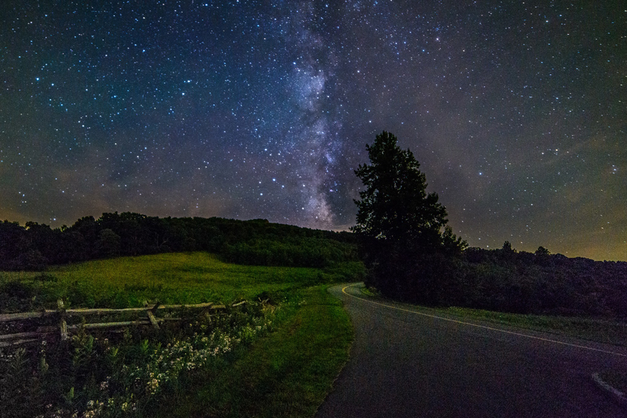 The Milky Way rising above Humpback Rocks and the Blue Ridge Parkway