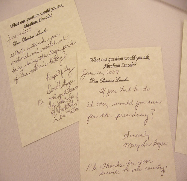 Some modern letters to Lincoln, on display at the Journey Through Hallowed Ground conference.