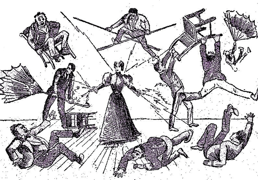 This somewhat fanciful illustration of Lulu Hurst’s powers is from the cover of her 1897 autobiography, “Lulu Hurst (the Georgia Wonder) Writes Her Autobiography, and for the First Time Explains and Demonstrates the Great Secret of Her Marvelous Power.”