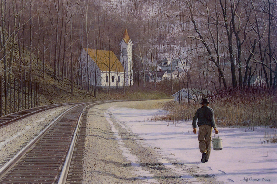 End of the Day, Egg Tempera, 2006: You could say this painting is a work of fiction, but one that tells the truth. To create this image, I combined two separate photographs. To establish the setting, I used a photo of the coal town of Elkhorn, West Virginia. The man is from the east Kentucky coalfields. I wanted to convey the feeling one gets when returning to the warmth and security of home after a long day.