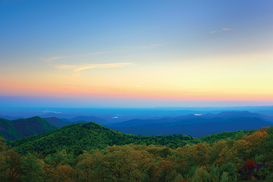 This view from the steps of the Sassafras Mountain Lookout Tower—South Carolina’s highest point—looks out on Lake Keowee and Lake Jocassee.