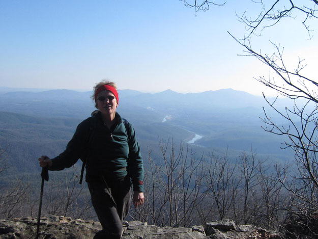 The James River snakes its way toward Richmond far below the Little Rocky Row viewpoint; The Day Hiker complains about another photo with her in it.