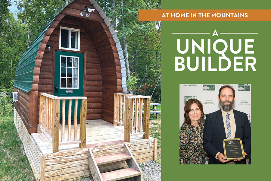 The Explore Park campground features several arch-design micro cabins. Inset: Don and Melody Harrison accept an award by Virginia Recreation and Parks Society in 2018.