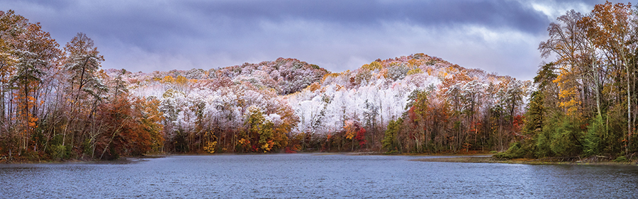 Bays Mountain Park in Kingsport, Tennessee. From the photographer: “we had an early dusting of snow during nearly peak fall color time and I was rewarded with this view across the lake.”