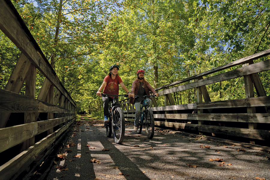 White Sulphur Springs, West Virginia, again welcomes visitors to both its downtown and the nearby Greenbrier River Trail.