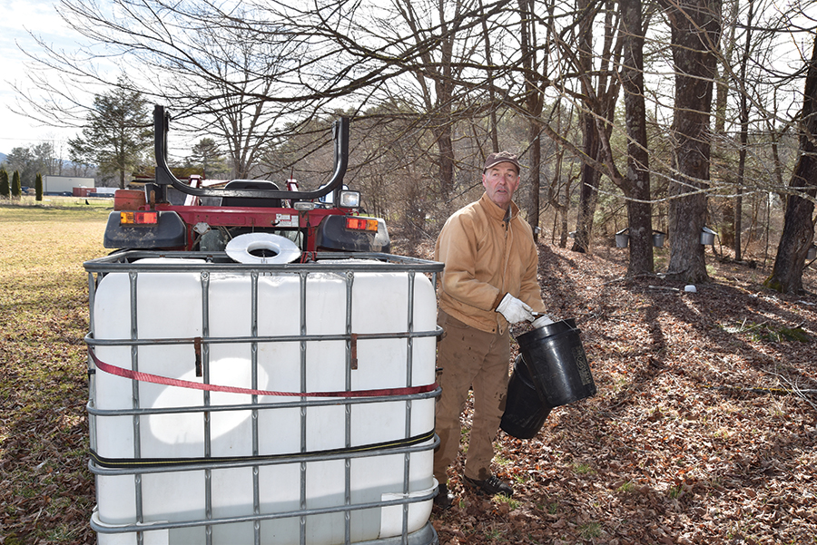 Bob Sheets prepares to gather sugar maple sap from a neighbor’s trees.