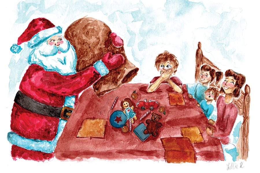 The family of Eula Walters’ childhood was close at all times of the year. Granddaughter Lillie Ketterman’s new artwork depicts Santy on a good day.