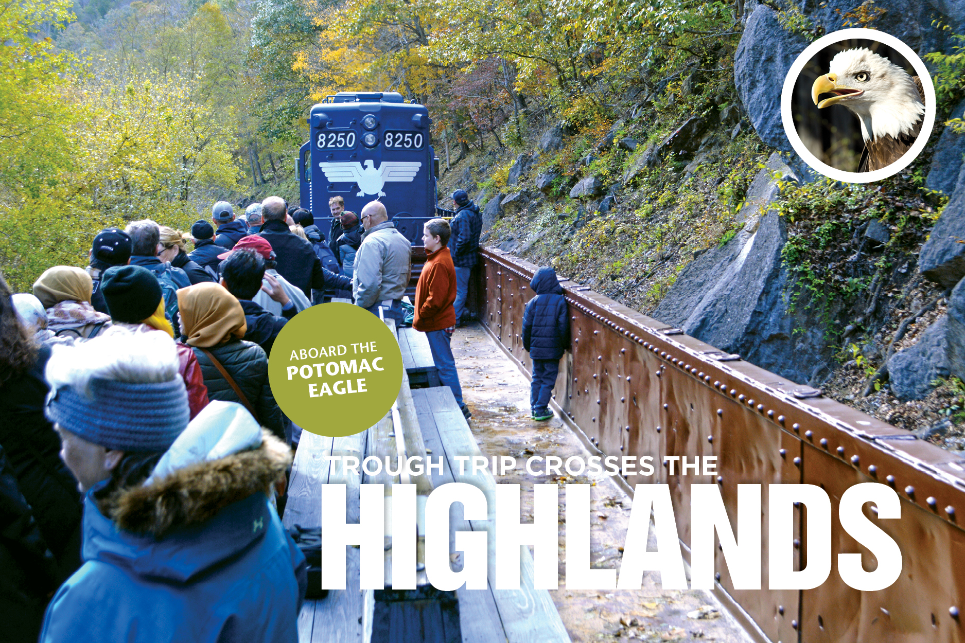Passengers ride on the open-air gondola car through “The Trough” on West Virginia’s Potomac Eagle Scenic Railroad.