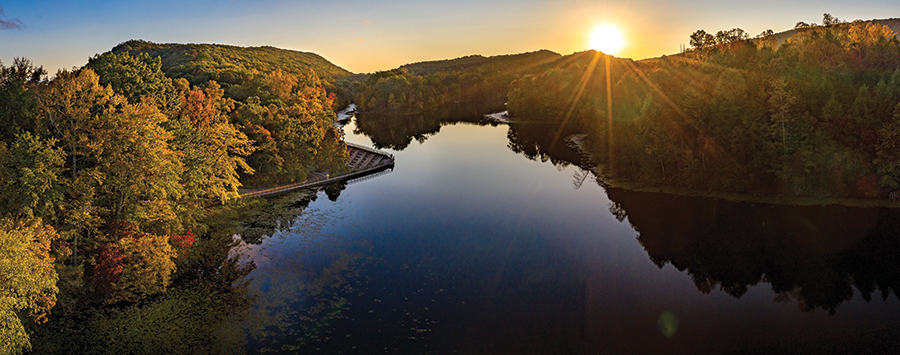 This aerial view is of the man-made, 44-acre lake at Bays Mountain Park which was originally used as the water source for Kingsport, Tennessee.