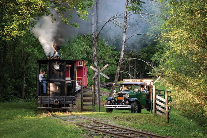 The family-owned Locust Heights & Western Railroad’s Mason Climax locomotive operates on a short stretch of track on Wednesdays, June through October, in Clarksburg, West Virginia.