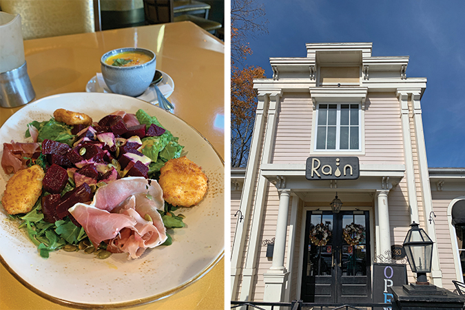 Allan Benton’s prosciutto tops a salad of roasted beets and lightly fried cakes of goat cheese at Rain.