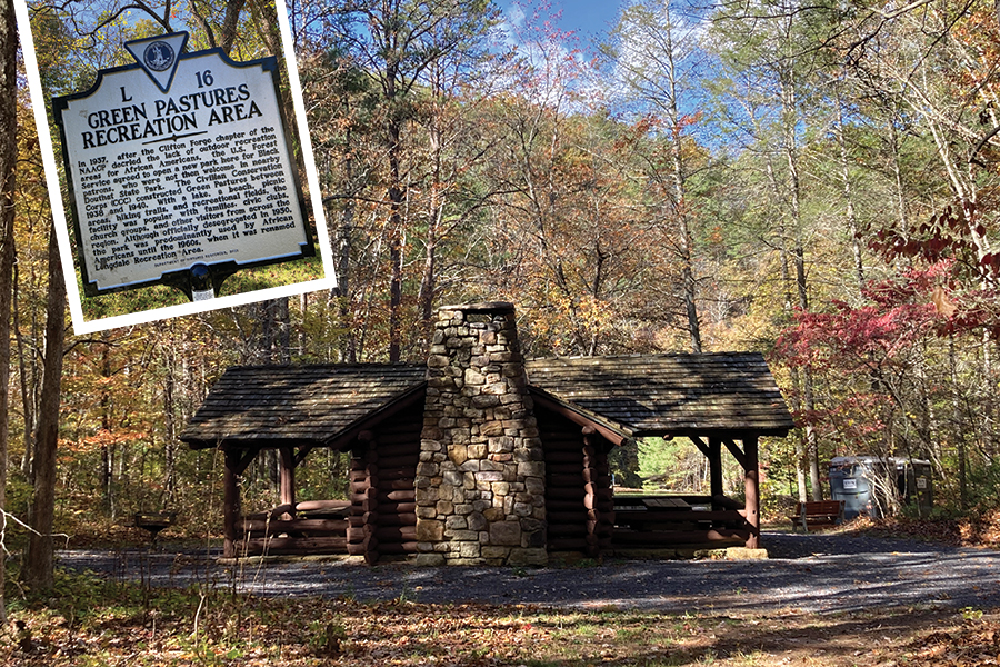 A Virginia Historical Marker stands at the entrance to Green Pastures.

Green Pastures’ picnic area was build by the Civilian Conservation Corps in the late 1930s.