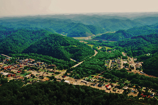 Aerial view from a ridge point displays Prestonsburg’s mountain setting.