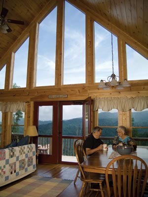 Guests enjoy long-range mountain scenery at each cabin.