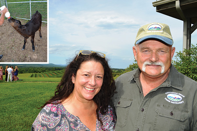 Kitty and Ed Land are the proprietors of the Chattooga Belle Farm at Long Creek, South Carolina.

INSET: A bottle-fed calf has entertained distillery visitors in 2019.