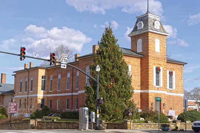 The imposing 1881 Transylvania County Courthouse sits in the center of downtown Brevard—and yes, that’s a white squirrel decoration on the lightpost.