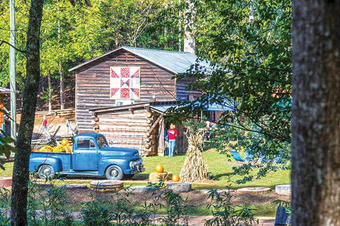 The Barn Quilt Trail is a highlight of Pickens, South Carolina; nearby Devils Fork State Park is home to a clear, 7,565-acre reservoir.