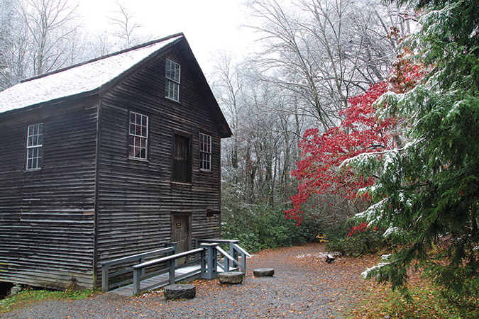 Fiery red leaves contrast with snow-powdered evergreens on a late autumn day at Mingus Mill, in the Great Smoky Mountains National Park near Cherokee, North Carolina.