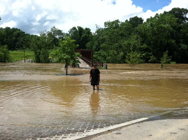 Kurt ends his wading from the Roanoke River Greenway bridge connecting Thomas Park and Wasena Park, 7/4/13.