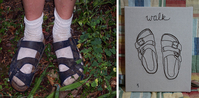 Left: Gail in sock feet and Birkenstocks. Right: We came across Kathryn Estelle's beautifully appropriate Birkenstock embroidery through the Birkenstock blog and Flickr feed - see below for links!
