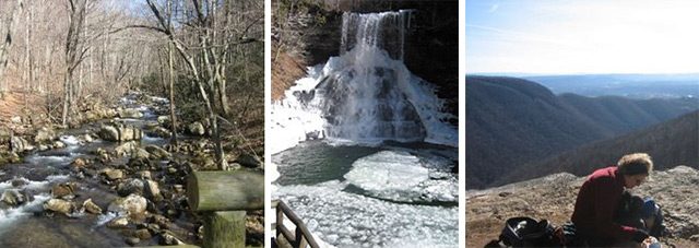 Left to right: Stream along the Cascades trail, Cascades Waterfall, Gail Rheinheimer on the Cascades Trail.