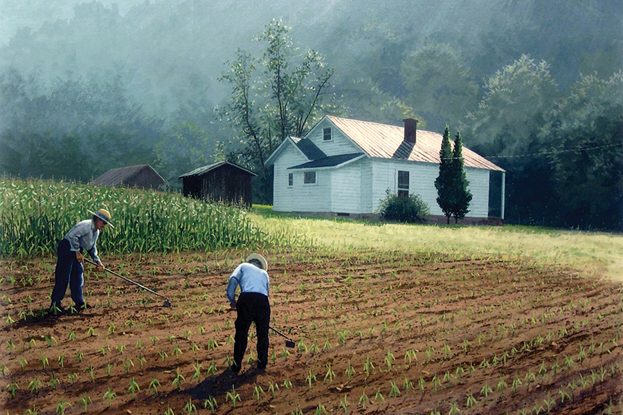 Morning’s Work, Gouache, 1994: John and Ella Preston were school teachers in eastern Kentucky with a passion for education and the mountains. They exemplified longstanding Appalachian traditions of respect for the land and the practicality of growing your own food.  And they were blessed to live their lives in one of the most beautiful places on earth.