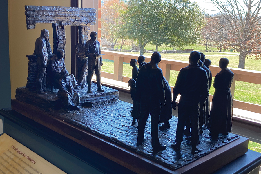 Sculpture of Emancipation Day overlooks the Historic Site at the Burroughs Plantation.