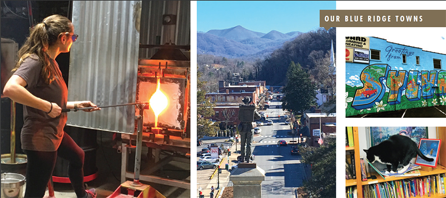 Left to right: Glass artisans use methane from nearby landfill at the Green Energy Park. A Civil War soldier stands watch over Sylva’s Main Street. Public art decorates Sylva’s business district. A cat peruses the offerings at Sylva’s City Lights Bookstore.