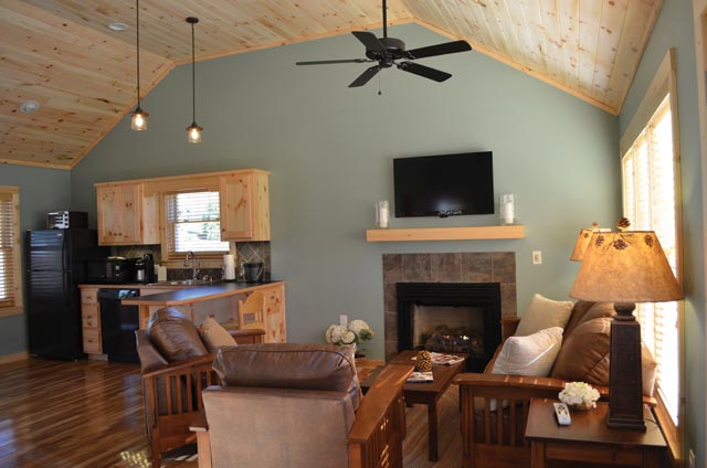 Each of the one-room cabins at White Sulphur Springs is about 750 square feet, with vaulted ceilings and an open, airy feel.