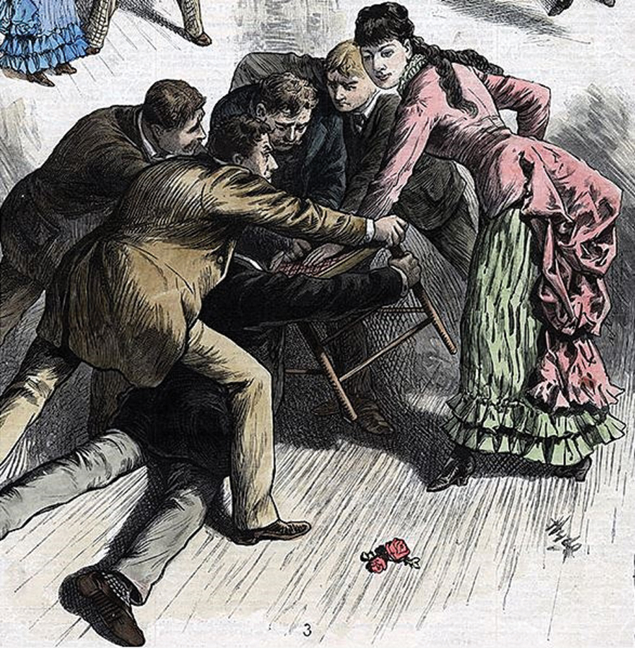 Lulu Hurst performs her “electric” wonders against a team of strong men. Illustration is from Frank Leslie’s Illustrated Newspaper, July 26, 1884.