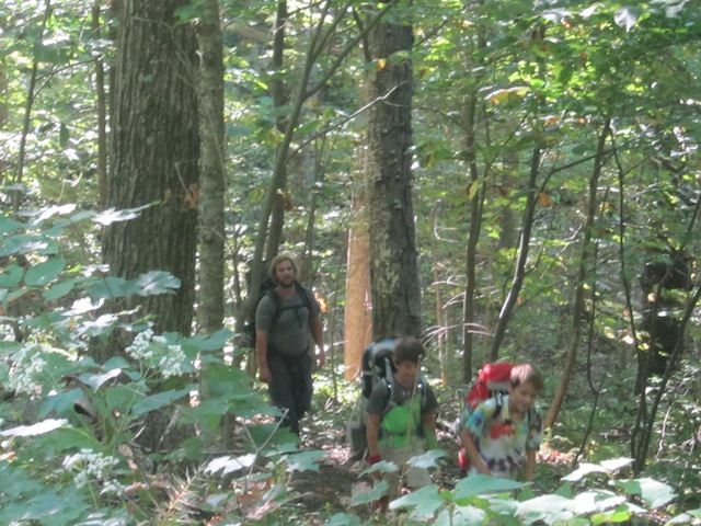 Eric, Aden and Matthew with full packs near the top of the Apple Orchard Falls Trail.