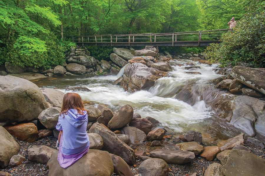Along Chimney Tops Trail and West Prong Little Pigeon River in Great Smoky Mountains National Park, Tennessee. From the photographer: 
“A young park visitor in a colorful outfit (a photographer’s dream) poses for her picture, as taken by both the photographer on the bridge and me.