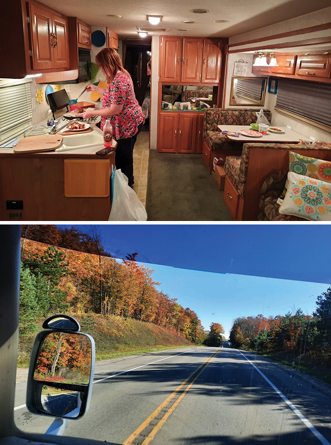 Two views of the Byler RV life. Top: Brenda prepares a meal. Lower: RV mirror provides a double view of fall foliage.