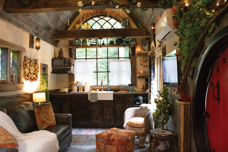Enjoy the charm of tiny home living  and “Hobbit”-inspired themes at Mountain Shire in Sevierville, Tennessee.
