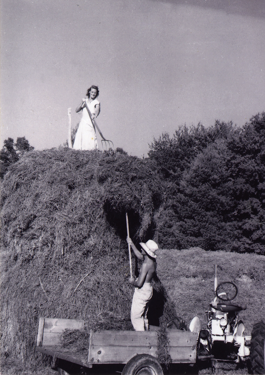Lavada Golding receives hay from husband Woodrow in the 1951 photo on a day when threatened rain sent Lavada to the top of the haystack in a dress. This photograph was given to the family by parkway officials many years later.