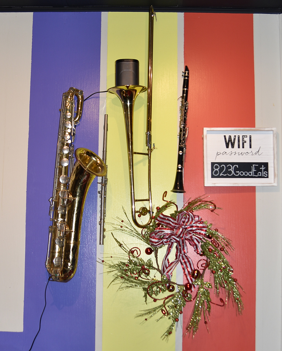 Luke’s Café is known for its musical and artistic vibe like these instruments on display.