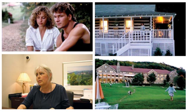 Top left: Jennifer Grey and Patrick Swayze, in a scene filmed at Mountain Lake. Top right: Grey in the Housemans' cottage (filmed at Mountain Lake). Bottom right: the hotel at Mountain Lake, in a scene from the film. Bottom left: Edith Bond, a banker in Lake Lure, N.C., danced as an extra in the film’s final scene.