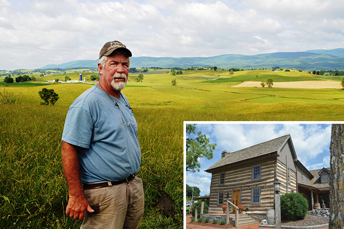 Longtime farmer Bill Croft standing on the farm in Augusta County, Virginia. Inset: Lodging for the Inn at MeadowCroft is inside restored log cabins.