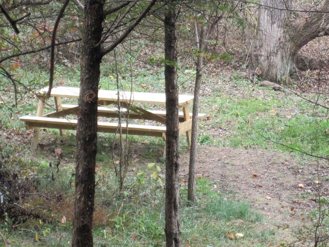 There's a new picnic table about a quarter of a mile in; follow the "Easy Street" sign.